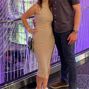 Fitted high neck dress with cut out